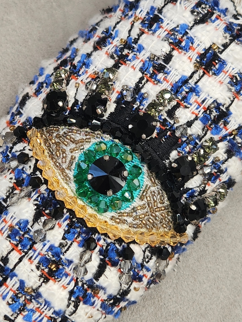 Kurt Geiger Mules 5 Blue White Tweed Plaid Olive Eye Fray Beaded Pointy New $195 - Picture 4 of 17